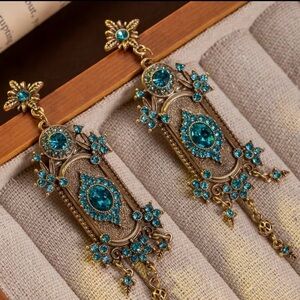 Ornate Gold and Teal Statement Earrings